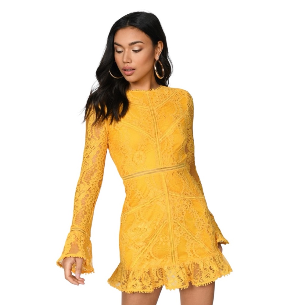 💛 TOBI Yellow Lace Open-Back Long Sleeve Mini Dress (Women’s Size L) NWT